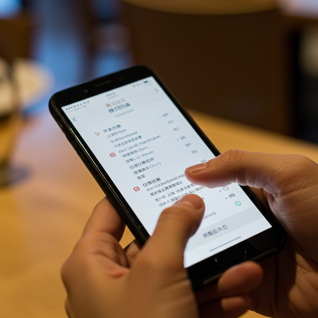 Tembakan jarak dekat menunjukkan tangan tamu menggulung di ponsel pintar. Layar tersebut menampilkan menu digital dalam bahasa Asia.