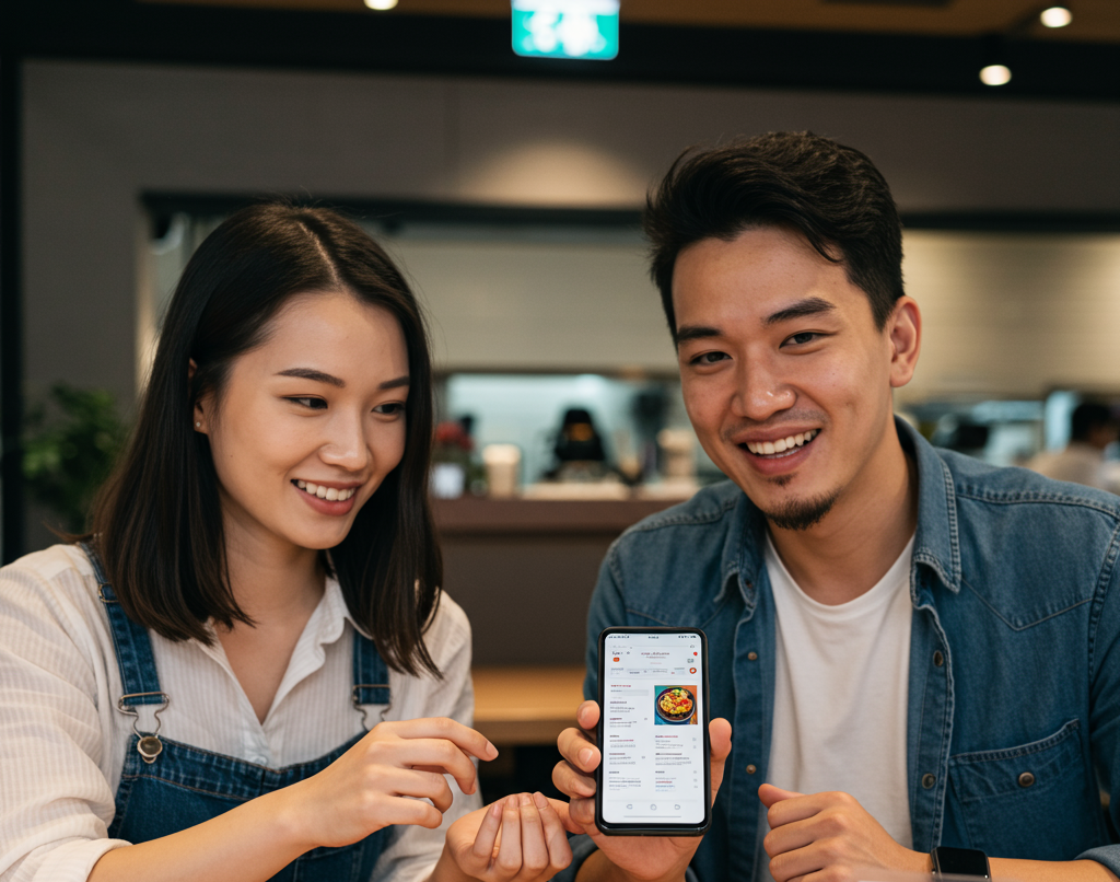 Pasangan Asia yang bahagia tersenyum sambil melihat menu digital di ponsel pintar, diakses melalui kode QR.